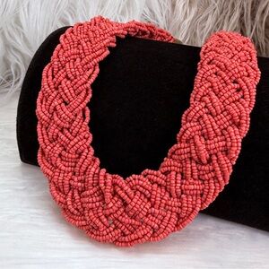 Vintage pinkish red, braided seed bead chunky statement necklace